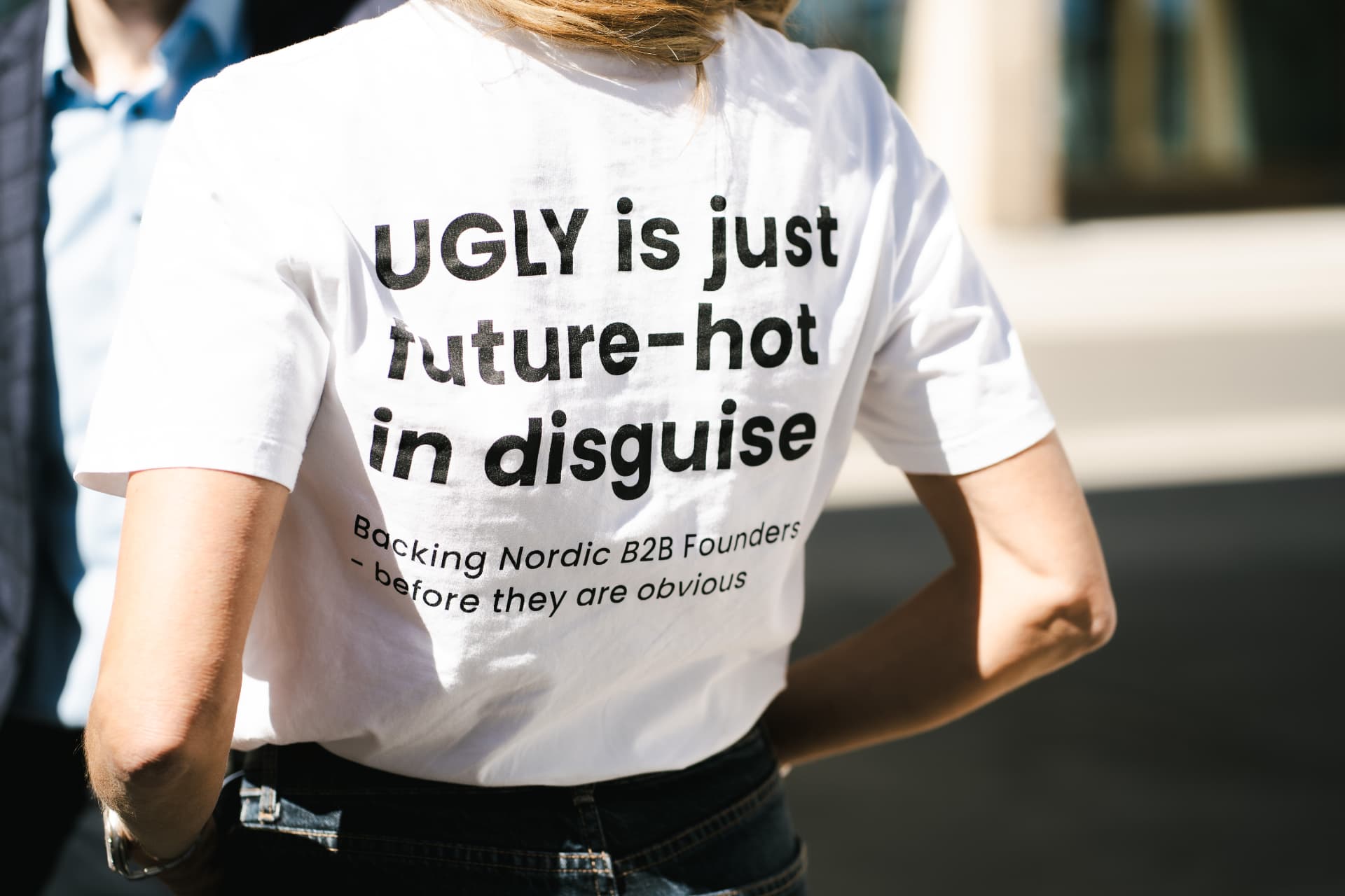T-shirt reading 'UGLY is just future-hot in disguise — backing Nordic B2B founders before they are obvious'